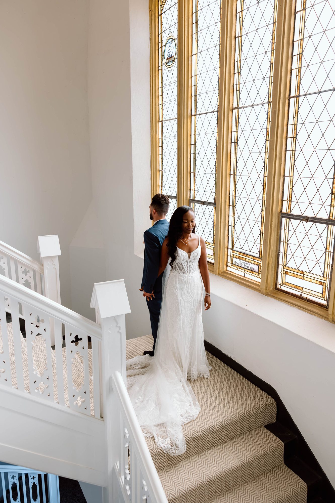 Couple's first look on the Melrose Abbey staircase